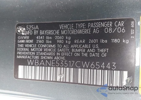 2007 BMW 525I из США, поврежденный, VIN WBANE53517CW65443